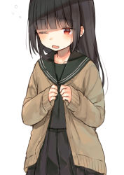 Rule 34 | 1girl, black hair, black serafuku, black shirt, black skirt, blunt bangs, blush, brown cardigan, cardigan, collarbone, commentary request, dressing, fang, green sailor collar, long hair, long sleeves, looking away, looking to the side, midorikawa you, one eye closed, original, parted lips, pleated skirt, red eyes, sailor collar, school uniform, serafuku, shirt, simple background, skirt, sleepy, sleeves past wrists, solo, white background