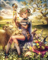 Rule 34 | 1girl, anbe yoshirou, animal, apple, basket, blue eyes, boots, bottle, breasts, brown hair, cape, chinese zodiac, cleavage, cloud, dress, flower, food, fruit, gloves, grapes, grass, hair flower, hair ornament, horns, kneehighs, landscape, leaf, looking at viewer, official art, open mouth, original, rabbit, scenery, sheep, sheep horns, shinma x keishou! ragnabreak, short hair, sitting, small breasts, smile, socks, solo, staff, striped clothes, striped dress, thighs, tree, white socks, wine bottle, year of the goat