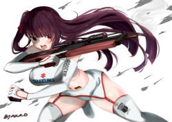 Rule 34 | 1girl, absurdres, blurry, blush, bullpup, depth of field, floating hair, fourtwelve, garter straps, german flag, girls&#039; frontline, griffin &amp; kryuger, gun, highres, holding, holding gun, holding weapon, long hair, looking at viewer, navel, open mouth, purple hair, red eyes, rifle, scope, side ponytail, smoke, sniper rifle, solo, suzuki, thighhighs, thighs, v-shaped eyebrows, very long hair, wa2000 (girls&#039; frontline), walther, walther wa 2000, weapon, white thighhighs