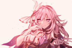 Rule 34 | 1girl, bare shoulders, breasts, cleavage, closed mouth, dress, elf, elysia (herrscher of human:ego) (honkai impact), elysia (honkai impact), gloves, honkai (series), honkai impact 3rd, kurisumori (whitenghost), long hair, looking at viewer, pink eyes, pink hair, pointy ears, simple background, smile, solo, upper body, white background, white dress, white gloves