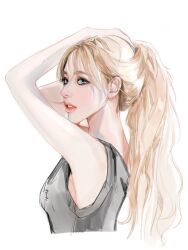 Rule 34 | 1girl, aespa, blonde hair, blue eyes, cropped torso, from side, grey shirt, hair behind ear, hand on own head, highres, k-pop, karina (aespa), long hair, looking at viewer, nose, parted lips, ponytail, real life, realistic, shirt, sleeveless, sleeveless shirt, solo, white background, xiaoya (horsesmallduck)