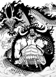 Rule 34 | 1boy, abs, alternate form, angry, arm tattoo, artist request, beard, cape, chest tattoo, devil fruit, dragon, dragon horns, dual persona, eastern dragon, facial hair, greyscale, hair slicked back, horns, kaidou (one piece), long hair, male focus, monochrome, muscular, muscular male, mustache, one piece, pectorals, rope, scar, scar on stomach, serious, shoulder tattoo, simple background, solo, source request, stomach, tattoo, topless male, white background