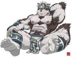 Rule 34 | 1boy, abs, ainu clothes, animal ears, armpit hair, armpits, bandaged foot, bandages, bara, blush, bulge, chest hair, excessive pubic hair, feet, fluffy, furry, furry male, grey fur, grey hair, headband, horkeu kamui, large pectorals, leather belt, looking at viewer, male focus, male pubic hair, muscular, muscular male, navel hair, nipples, pectorals, pelvic curtain, penis, penis peek, presenting armpit, presenting foot, pubic hair, rossciaco, short hair, soles, solo, spread legs, stomach, sweatdrop, tail, thick thighs, thighs, toes, tokyo houkago summoners, topless male, two-tone fur, white fur, wolf boy, wolf ears, wolf tail, yellow eyes