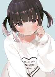 Rule 34 | 1girl, blue background, blush, brown eyes, brown hair, closed mouth, english text, fingernails, gaou (umaiyo puyoman), hand up, head tilt, heart, long sleeves, looking at viewer, milestone celebration, original, short hair, simple background, solo, sweater, thank you, twintails, upper body, white sweater