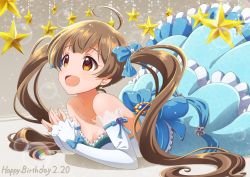 Rule 34 | 1girl, :d, ahoge, bare shoulders, breasts, brown eyes, brown hair, collarbone, commentary request, dress, earrings, elbow gloves, fingerless gloves, gloves, hair ribbon, hakozaki serika, highres, idolmaster, idolmaster million live!, jewelry, long hair, open mouth, ribbon, small breasts, smile, solo, star (symbol), strapless, strapless dress, twintails