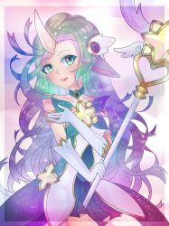 Rule 34 | choker, dress, gloves, green eyes, highres, horn, jewelry, league of legends, multicolored hair, necklace, soraka (league of legends), sparkle, staff, star guardian (league of legends), wand, wings