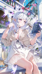 Rule 34 | 1girl, absurdres, alternate costume, black choker, blue archive, book, bracelet, breasts, choker, collarbone, day, duplicate, falling petals, floating hair, flower, halo, highres, himari (blue archive), holding, holding book, houkisei, jewelry, leaf, long hair, necklace, outdoors, parted lips, petals, pink flower, pink nails, pink rose, pointy ears, purple eyes, railing, reading, rose, shirt, sitting, skirt, small breasts, solo, thighs, very long hair, wavy hair, white hair, white skirt