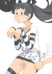 Rule 34 | 2girls, akinbo (hyouka fuyou), assisted exposure, black hair, blush, bottomless, brown eyes, clitoris, clothes lift, detached sleeves, earrings, highres, jewelry, long hair, multiple girls, necklace, no panties, original, pig, pig snout, pussy, shirt lift, simple background, snout, striped clothes, striped legwear, striped thighhighs, surprised, thighhighs, translated, twintails, uncensored, white background