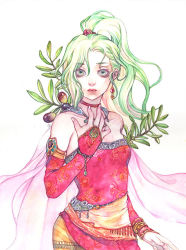 Rule 34 | 1girl, bare shoulders, bridal gauntlets, cape, choker, earrings, final fantasy, final fantasy vi, green eyes, green hair, hand up, high ponytail, jewelry, long hair, looking at viewer, munetaka, ponytail, red choker, simple background, solo, standing, tina branford, white background