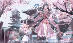 Rule 34 | 2girls, animal ears, architecture, black hair, card, cherry blossoms, east asian architecture, flower, green eyes, hair flower, hair ornament, hiyoribo (onmyoji), japanese clothes, kimono, long hair, long sleeves, looking at viewer, low twintails, multiple girls, onmyoji, outdoors, petals, pink theme, rabbit ears, red eyes, short hair, swav, twintails, white hair, wide sleeves, yamausagi