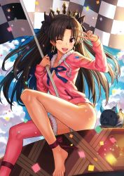 Rule 34 | 1girl, :d, ankle ribbon, barefoot, blue sky, blush, brown hair, cloud, commentary request, day, earrings, fate/grand order, fate (series), flag, floating hair, fur trim, glint, hand up, highres, holding, ishtar (fate), ishtar (swimsuit rider) (fate), jewelry, leg ribbon, long hair, long sleeves, looking at viewer, npcpepper, one eye closed, open mouth, outdoors, panties, parted bangs, pink sweater, pink thighhighs, red eyes, red ribbon, ribbon, round teeth, single thighhigh, sky, smile, solo, sweater, teeth, thighhighs, underwear, v, white panties