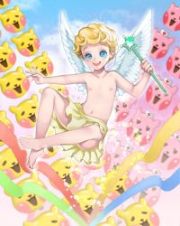 Rule 34 | 1boy, :d, androgynous, angel cookie, angel wings, blonde hair, blue eyes, commentary, cookie run, english commentary, feathered wings, full body, happy, holding, holding wand, humanization, leecheie, male focus, open mouth, short hair, simple background, smile, solo, teeth, trap, upper teeth only, wand, white background, white wings, wings