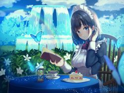 Rule 34 | 1girl, apron, black hair, blue dress, blue eyes, blue sky, blurry, blurry background, blurry foreground, blush, book, breasts, bug, butterfly, cake, cake slice, chair, cloud, commentary, cup, day, depth of field, dress, expressionless, flower, food, fork, fountain, fruit, hand in own hair, head tilt, hedge, holding, holding book, hourglass, insect, juliet sleeves, kanata (harukakanatan), long sleeves, looking at viewer, maid, maid apron, maid headdress, medium breasts, neck ribbon, open book, original, outdoors, plate, puffy sleeves, rainbow, red ribbon, ribbon, saucer, short hair, shortcake, sitting, sky, solo, sparkle, strawberry, table, tablecloth, teacup, tree, wooden chair