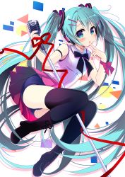 Rule 34 | 1girl, aqua eyes, aqua hair, blush, bow, bowtie, finger to mouth, full body, hair ornament, hairclip, hatsune miku, headphones, long hair, microphone, microphone stand, nagayama yuunon, school swimsuit, skirt, solo, swimsuit, swimsuit under clothes, thighhighs, twintails, very long hair, vocaloid