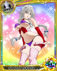 Rule 34 | 10s, 1girl, bare shoulders, braid, breasts, card (medium), character name, chess piece, covered erect nipples, female focus, grayfia lucifuge, grey eyes, grey hair, high school dxd, large breasts, lipstick, long hair, maid headdress, makeup, matching hair/eyes, navel, official art, pink thighhighs, queen (chess), red lips, solo, thighhighs, torn clothes, trading card, twin braids, underboob