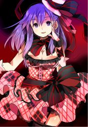 Rule 34 | 1girl, argyle, breasts, cleavage, dress, fate/stay night, fate (series), female focus, frilled dress, frills, hair ribbon, hat, large breasts, long hair, looking at viewer, matou sakura, official alternate costume, open mouth, plaid, plaid dress, purple eyes, purple hair, ribbon, smile, solo, sunameri oishii