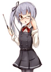 Rule 34 | 10s, 1girl, ;o, adjusting eyewear, aikawa ryou, belt, belt buckle, bespectacled, black dress, black pantyhose, black skirt, black vest, blunt bangs, blush, brown eyes, buckle, buttons, collared shirt, cowboy shot, double-breasted, dress, dress shirt, glasses, hair ribbon, holding, kantai collection, kasumi (kancolle), kasumi kai ni (kancolle), long hair, long sleeves, looking at viewer, one eye closed, open mouth, pantyhose, pinafore dress, pointer, red-framed eyewear, red ribbon, ribbon, shirt, side ponytail, silver hair, simple background, skirt, sleeveless, sleeveless dress, solo, vest, white background, wing collar