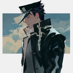 1boy aqua_eyes black_coat black_hair black_hat chain cigarette cloud coat collared_coat crying ear_piercing earrings hat highres jewelry jojo_no_kimyou_na_bouken kuujou_joutarou male_focus peaked_cap piercing popped_collar profile short_hair sky smoke smoke_trail smoking solo stardust_crusaders stud_earrings tearing_up tem_1231 upper_body