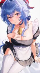 Rule 34 | 1girl, absurdres, apron, bell, blue hair, blush, bow, breasts, dress, frills, ganyu (genshin impact), genshin impact, goat horns, highres, horns, large breasts, long hair, looking at viewer, maid, maid apron, maid headdress, neck bell, puffy short sleeves, puffy sleeves, purple eyes, ryu o, short sleeves, sidelocks, smile, solo, thighhighs, waist apron, white apron