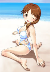 Rule 34 | 10s, 1girl, ;d, ass, barefoot, beach, blush, breasts, brown eyes, brown hair, casual one-piece swimsuit, cleavage, idolmaster, idolmaster cinderella girls, katagiri sanae, large breasts, long hair, looking back, low twintails, muhi11234, one-piece swimsuit, one eye closed, open mouth, shiny skin, sitting, smile, solo, swimsuit, twintails, wariza, wink
