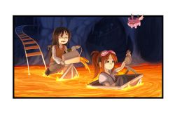 Rule 34 | 2girls, black border, black footwear, black hair, border, breasts, brown vest, commentary, crying, english commentary, closed eyes, flying pig, goggles, goggles on head, highres, long hair, minecart, lava, multiple girls, orange hair, original, outside border, pants, partially submerged, ponytail, puffy short sleeves, puffy sleeves, shirt, short sleeves, slime (creature), small breasts, suweeka, terraria, transparent background, underground, vest, white shirt, yellow eyes