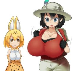 Rule 34 | 10s, 2girls, :d, alternate breast size, animal ears, animated, animated gif, bag, black hair, blonde hair, blue eyes, bow, bowtie, breast envy, breasts, cleavage, hat feather, huge breasts, jealous, kaban (kemono friends), kemono friends, medium breasts, multiple girls, open mouth, red shirt, serval (kemono friends), serval print, serval tail, shirt, short hair, shorts, simple background, sinensian, smile, tail, white background, yellow eyes
