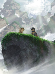 Rule 34 | 1boy, 1girl, blonde hair, brown hair, cape, cliff, from below, glasses, gloves, green eyes, helmet, highres, key visual, long hair, looking at viewer, made in abyss, official art, promotional art, regu (made in abyss), riko (made in abyss), short hair, short sleeves, twintails, whistle