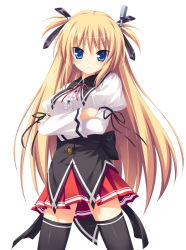 Rule 34 | 1girl, 2-g, black thighhighs, blonde hair, blue eyes, blush, crossed arms, hair ornament, long hair, ore no keitai nante kawaikunai, short twintails, simple background, skirt, solo, thighhighs, twintails, two side up, very long hair