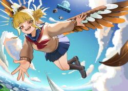 Rule 34 | 1girl, absurdres, battle bus (fortnite), blonde hair, blue sailor collar, blue skirt, boku no hero academia, brown cardigan, cardigan, cloud, commission, day, double bun, falling, feathered wings, fortnite, hair bun, highres, messy hair, neckerchief, open mouth, outdoors, red neckerchief, sailor collar, second-party source, skirt, slit pupils, solo, toga himiko, wings, yellow eyes, zd (pixiv6210083)