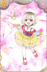 Rule 34 | 1girl, absurdres, alternate costume, animal, bad id, bad pixiv id, bird, blush, child, collarbone, commentary request, frilled skirt, frills, high heels, highres, holding, holding staff, kaneki ichika, layered skirt, long sleeves, multicolored background, multicolored hair, open mouth, pink background, red footwear, shirt, shoes, short hair, skirt, smile, solo, staff, teeth, tokyo ghoul, tokyo ghoul:re, toukaairab, two-tone hair, upper teeth only, white background, yellow skirt