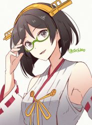 Rule 34 | 1girl, bare shoulders, black hair, detached sleeves, glasses, green-framed eyewear, grey background, grey eyes, hairband, headgear, japanese clothes, kantai collection, kasumi (skchkko), kirishima (kancolle), kirishima kai ni (kancolle), nontraditional miko, one-hour drawing challenge, open mouth, ribbon-trimmed sleeves, ribbon trim, short hair, simple background, smile, solo, twitter username, upper body, wide sleeves
