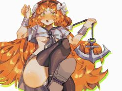 Rule 34 | 1girl, anchor, artist request, blush, breasts, freckles, green eyes, grey skirt, highres, ishmael (project moon), limbus company, medium breasts, orange hair, panties, project moon, skirt, solo, source request, striped clothes, striped panties, tagme, thighhighs, underboob, underwear