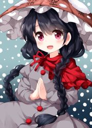 Rule 34 | 1girl, :d, ajirogasa, black hair, blush, braid, capelet, dress, grey dress, hat, highres, long hair, long sleeves, looking at viewer, open mouth, own hands together, palms together, red capelet, red eyes, ruu (tksymkw), smile, snow, snowing, solo, touhou, twin braids, yatadera narumi