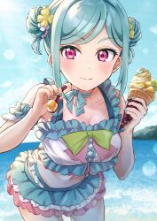Rule 34 | 1girl, absurdres, bare shoulders, birthday, green hair, highres, holding, holding ice cream cone, ice cream cone, kyaku tasu, looking at viewer, love live!, love live! superstar!!, onitsuka tomari, outdoors, purple eyes, smile, solo, standing, swimsuit, twintails