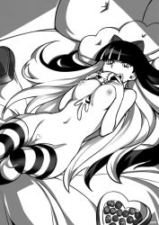 Rule 34 | 1girl, artist name, bad id, bad tumblr id, bed, between breasts, blunt bangs, bow, breasts, chocolate, cleft of venus, greyscale, hair bow, highres, holding, honekoneko (psg), indoors, large breasts, long hair, looking at viewer, lying, monochrome, multicolored hair, navel, nipples, nude, on back, on bed, optionaltypo, panty &amp; stocking with garterbelt, pussy, revision, solo, stocking (psg), stomach, striped clothes, striped thighhighs, stuffed animal, stuffed cat, stuffed toy, thighhighs, two-tone hair, uncensored, very long hair