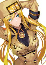 Rule 34 | 1girl, armband, arms behind head, ashiomi masato, blonde hair, blue eyes, breasts, coat, guilty gear, guilty gear strive, hat, long hair, looking at viewer, millia rage, parted bangs, parted lips, simple background, solo, upper body, very long hair, white background