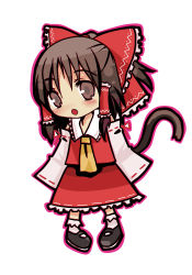 Rule 34 | 1girl, animal ears, bow, brown eyes, brown hair, cat ears, cat girl, cat tail, chibi, fang, female focus, full body, hair bow, hakurei reimu, imperishable night, japanese clothes, kemonomimi mode, mary janes, miko, ribbon, shoes, simple background, skirt, solo, tail, tateyama, touhou, white background