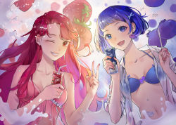 Rule 34 | 2girls, absurdres, babydoll, bare arms, bikini, blue bikini, blue eyes, blue hair, blueberry, chinese commentary, collarbone, commentary request, drink, food, fruit, grin, hair ornament, hairclip, hand up, hands up, highres, holding, holding drink, juice box, long hair, looking at viewer, mmmilk, multiple girls, navel, one eye closed, open mouth, original, personification, pink babydoll, red eyes, red hair, shirt, short hair, short sleeves, smile, strawberry, swimsuit, upper body, white shirt