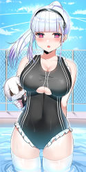 Rule 34 | 1girl, alternate costume, alternate hairstyle, azur lane, bad id, bad pixiv id, blue sky, blush, breasts, button eyes, buttons, chain-link fence, character doll, clothing cutout, cloud, day, dido (azur lane), fence, frilled swimsuit, frills, hair ornament, hairband, highres, large breasts, long hair, looking at viewer, one-piece swimsuit, pink eyes, ponytail, pool, silver hair, sky, solo, suzuharu toufu, swimsuit, thighhighs, underboob, underboob cutout, white thighhighs