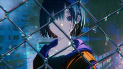 Rule 34 | 1girl, absurdres, blue hair, braid, building, chain-link fence, city, collarbone, colored inner hair, commentary request, earrings, expressionless, fence, highres, hood, hood down, hooded jacket, huge filesize, jacket, jewelry, kamitsubaki studio, looking at viewer, multicolored eyes, multicolored hair, open clothes, open jacket, rain, red hair, red jacket, rim (kamitsubaki studio), rooftop, shiomi (lowrise), short hair, side braid, solo, two-tone hair, upper body, virtual youtuber, wet