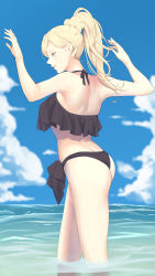 Rule 34 | 1girl, alternate hairstyle, ass, bare legs, bikini, black bikini, blonde hair, blue eyes, cloud, day, feet out of frame, high ponytail, highres, kantai collection, long hair, mole, mole under eye, mole under mouth, ocean, partially submerged, richelieu (kancolle), shingyou (alexander-13), sky, smile, solo, swimsuit, wading, water
