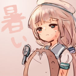 Rule 34 | 1girl, blue sailor collar, bokukawauso, commentary request, electric fan, green eyes, grey hair, hat, kantai collection, long hair, low twintails, mikura (kancolle), otter, puffy short sleeves, puffy sleeves, sailor collar, sailor hat, sailor shirt, shirt, short sleeves, twintails, white headwear, white shirt, wss (nicoseiga19993411)