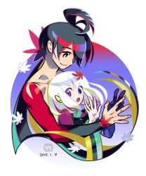 Rule 34 | 1boy, 1girl, black hair, closed mouth, couple, dated, heterochromia, highres, japanese clothes, katanagatari, leaf, long hair, looking at another, looking at viewer, maple leaf, on lap, open mouth, ponytail, sitting, smile, togame, topless male, white hair, yasuri shichika