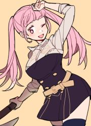 Rule 34 | 1girl, axe, belt, breasts, do m kaeru, female focus, fire emblem, fire emblem: three houses, garreg mach monastery uniform, hilda valentine goneril, holding, holding axe, holding weapon, matching hair/eyes, nintendo, one eye closed, open mouth, pink eyes, pink hair, solo, thighhighs, twintails, weapon, wink, yellow background