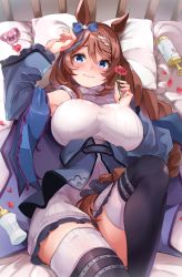 Rule 34 | 1girl, animal ears, blue eyes, blush, braid, braided ponytail, breasts, brown hair, closed mouth, dress, flower, hair between eyes, highres, holding, holding flower, horse ears, horse girl, large breasts, long hair, petals, pillow, red flower, ribbed sweater, sezok, solo, super creek (umamusume), sweater, sweater dress, turtleneck, turtleneck sweater, umamusume, white sweater