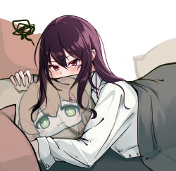 Rule 34 | 1girl, absurdres, blush, girls&#039; frontline, highres, long hair, looking at viewer, lying, hugging object, on side, pillow, pillow hug, priest77, purple hair, red eyes, shirt, simple background, solo, wa2000 (girls&#039; frontline), white background, white shirt