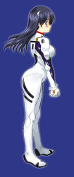 Rule 34 | 1girl, ass, ayanami rei, ayanami rei (cosplay), black hair, blue eyes, breasts, cosplay, female focus, full body, gradient background, kamia (not found), long hair, neon genesis evangelion, non-web source, original, own hands clasped, own hands together, plugsuit, plugsuit (cosplay), solo, yukino sayuri