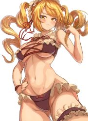 Rule 34 | 1girl, absurdres, aisha (king&#039;s raid), bare shoulders, bikini, black bikini, blonde hair, blush, breasts, cleavage, commentary request, cowboy shot, detached collar, drill hair, frilled bikini, frills, frown, groin, hand on own hip, hand up, highres, king&#039;s raid, large breasts, long hair, looking at viewer, maid, maid bikini, maid headdress, marse (rokudaime), midriff, navel, neck ribbon, red ribbon, ribbon, sidelocks, simple background, solo, standing, swept bangs, swimsuit, thigh strap, twin drills, unconventional maid, underboob, white background, wristband, yellow eyes