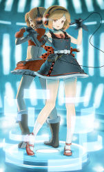 Rule 34 | 2girls, aged down, asymmetrical clothes, back-to-back, belt, bike shorts, bloomers, boots, brown hair, buttons, daigoman, dress, dual persona, fingerless gloves, gloves, glowing, headset, highres, light brown hair, meiko (vocaloid), microphone, multiple girls, necktie, open mouth, polka dot, project diva, project diva (series), project diva 2nd, retro artstyle, sakine meiko, short hair, skirt, socks, tape recorder, underwear, vocaloid, white socks