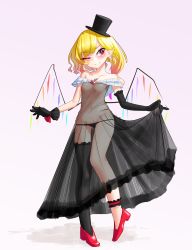 Rule 34 | 1girl, ;), alternate costume, asymmetrical gloves, bare shoulders, black dress, black gloves, black hat, black panties, black thighhighs, blonde hair, breasts, closed eyes, closed mouth, dress, elbow gloves, flandre scarlet, full body, gloves, gluteal fold, gradient background, hat, high heels, highres, long hair, mismatched gloves, no nipples, one eye closed, panties, red eyes, red footwear, see-through, see-through dress, side ponytail, single thighhigh, skirt hold, small breasts, smile, solo, standing, thighhighs, top hat, touhou, underwear, uneven gloves, zakozako y